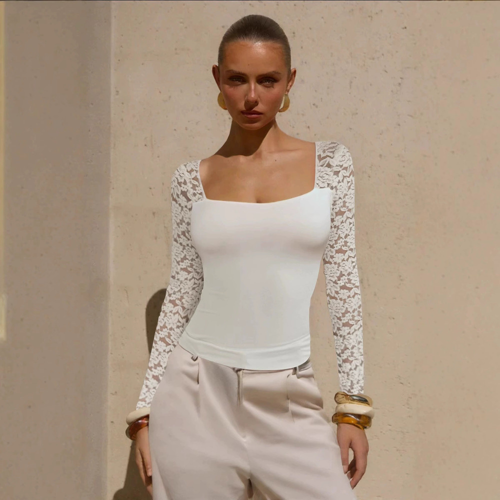 Zara Summer Lace Trim Fitted Long Sleeve Top